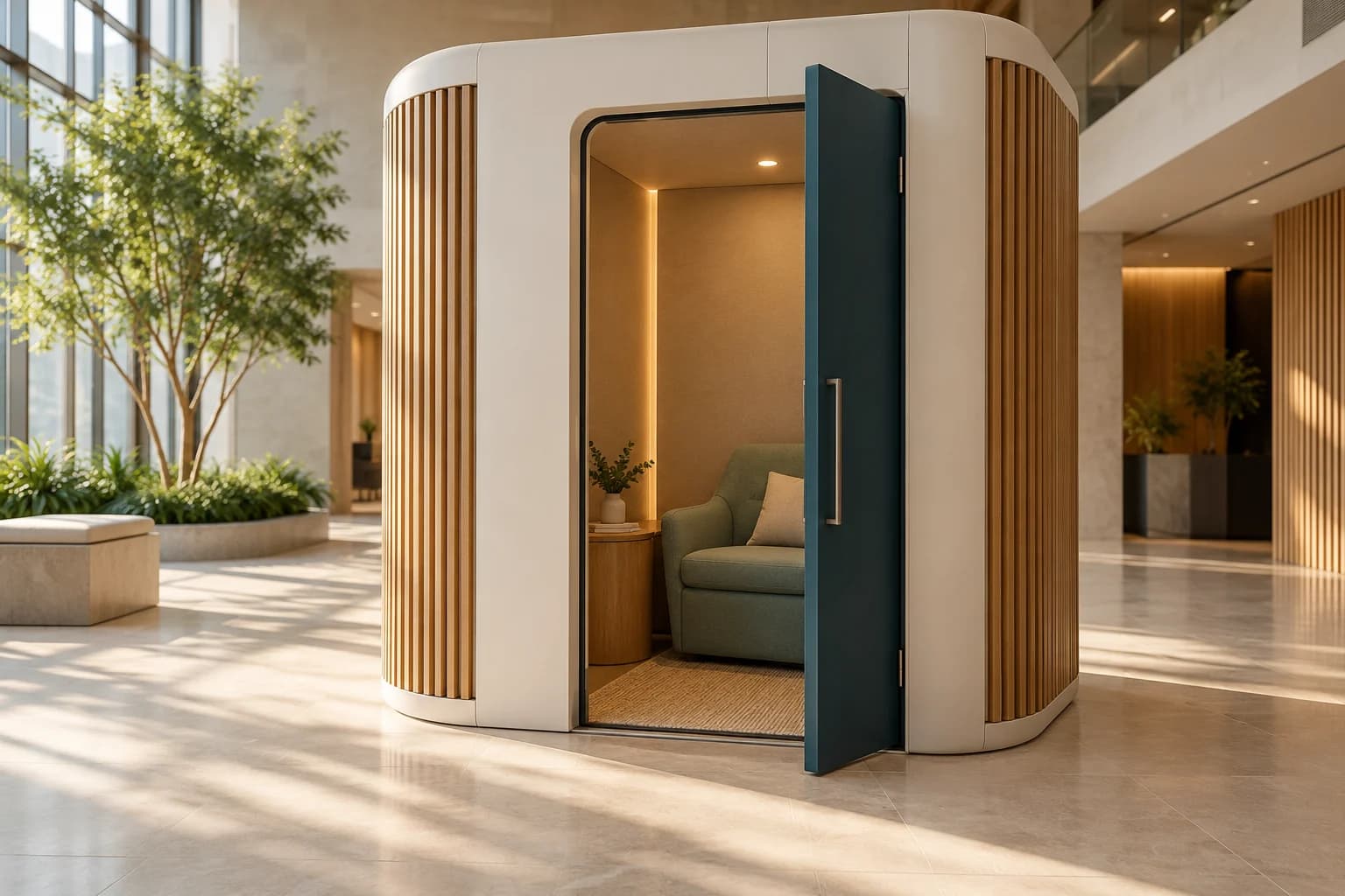 An ivory nursing pod with oak details and a teal door in a light-filled workplace.