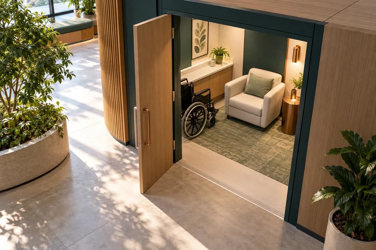 A private nursing room with a broad approach and clear space beside the chair.
