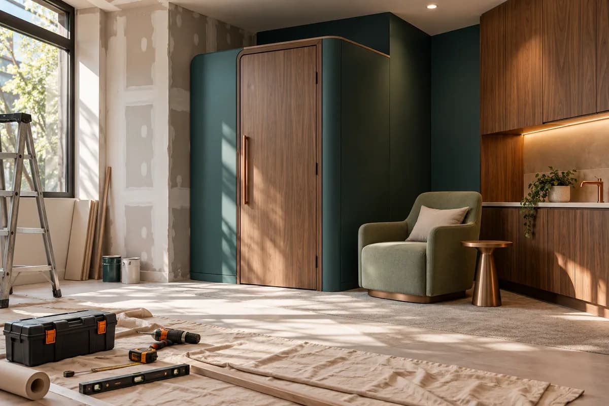 Une pièce en cours d’aménagement avec mobilier et matériaux préparés.