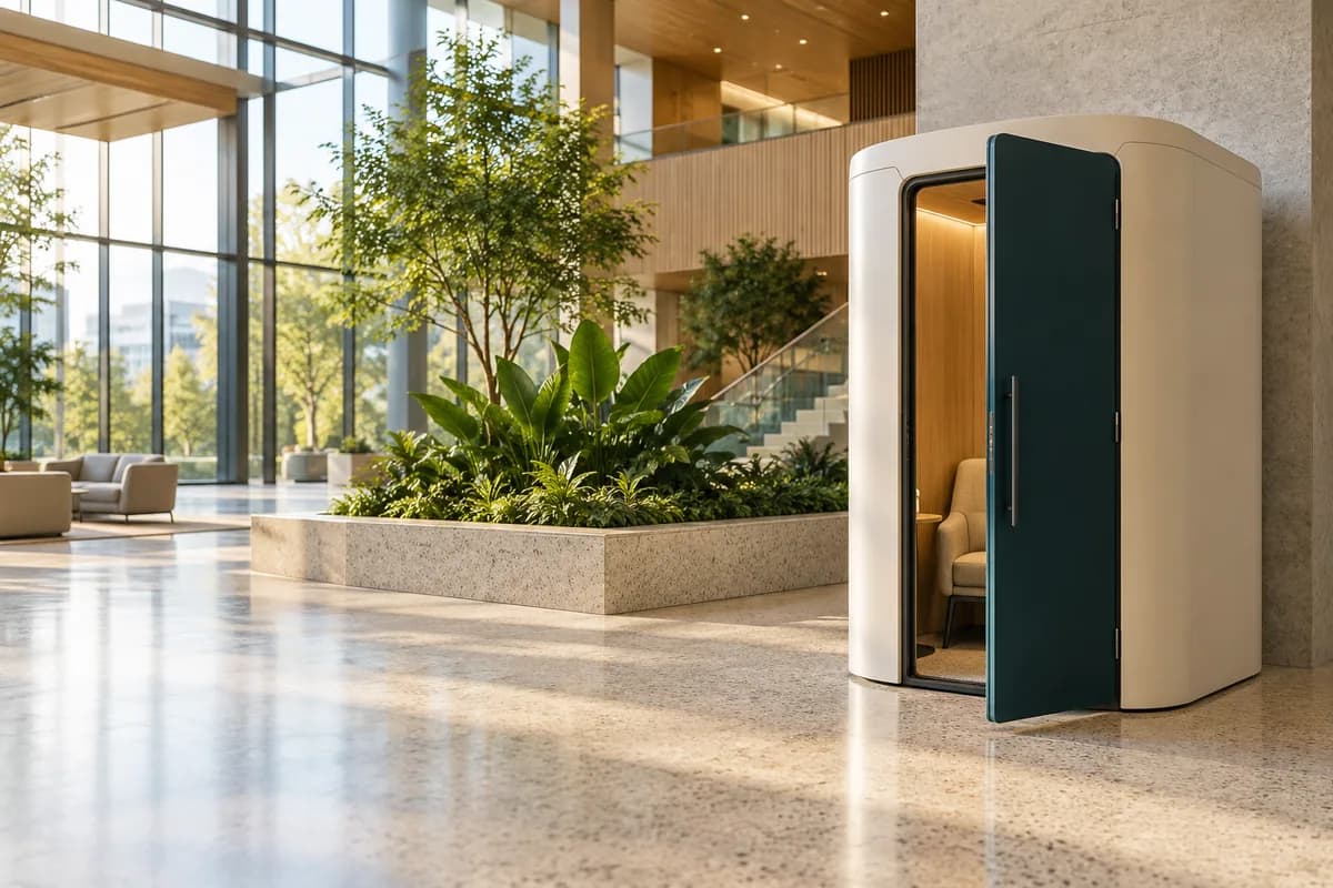 A freestanding private nursing booth in a bright commercial atrium.