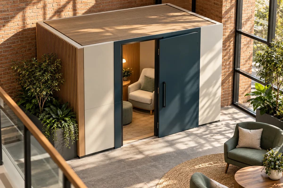 Une cabine d’allaitement autonome dans un atrium lumineux.