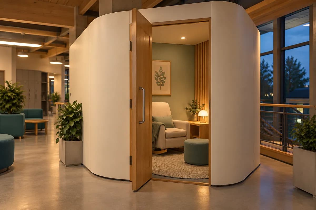 Cabines et salles d’allaitement — Sherbrooke et les Cantons-de-l’Est : un espace d’allaitement privé dans un intérieur commercial.