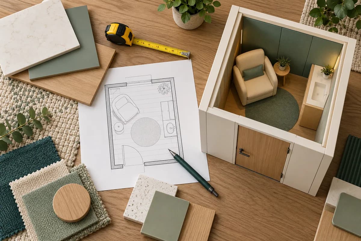 A project planning table with a room sketch, measuring tape and finish samples.