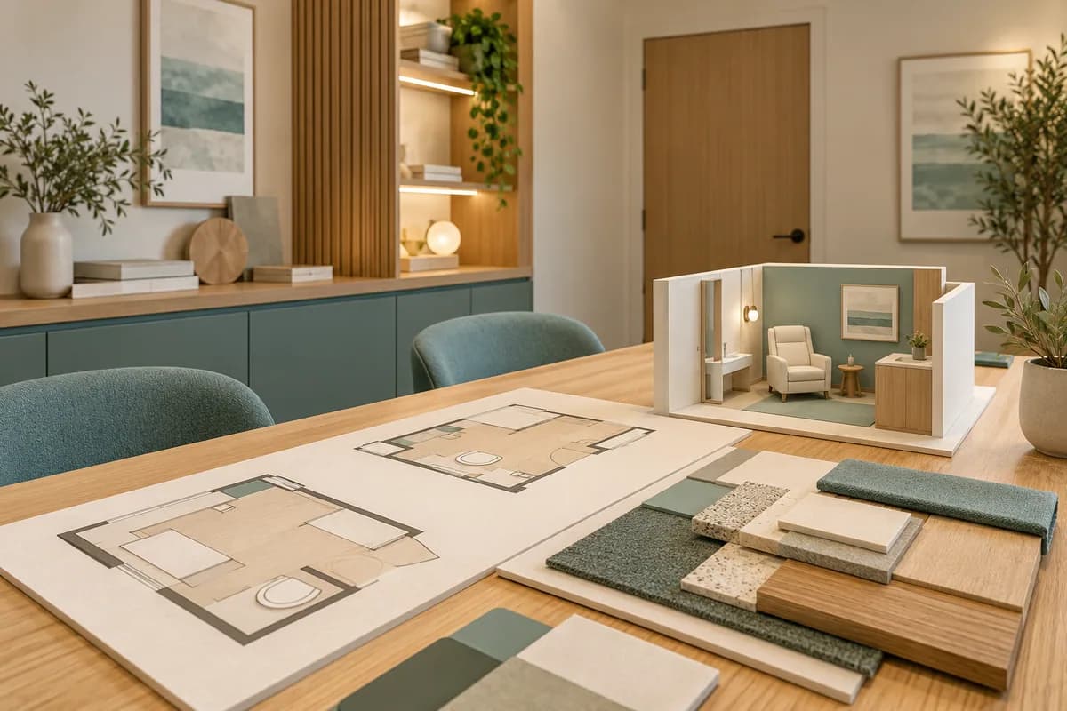 Une table de préparation de projet avec maquette et échantillons de finis.