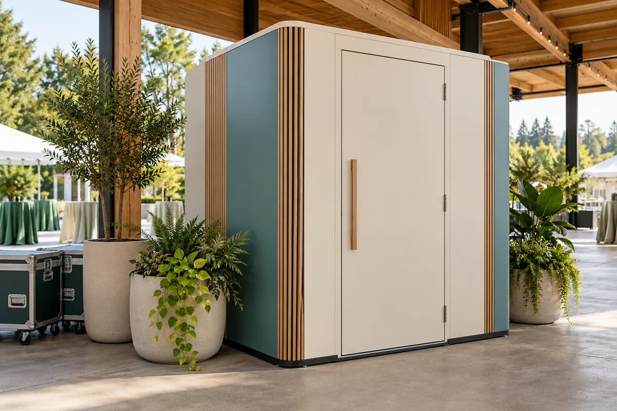 Une cabine privée dans un pavillon événementiel couvert.
