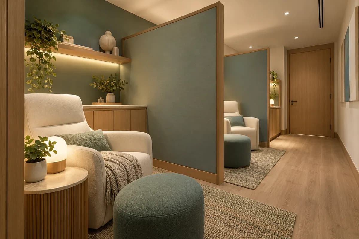 Une salle privée avec zones séparées par des cloisons opaques.