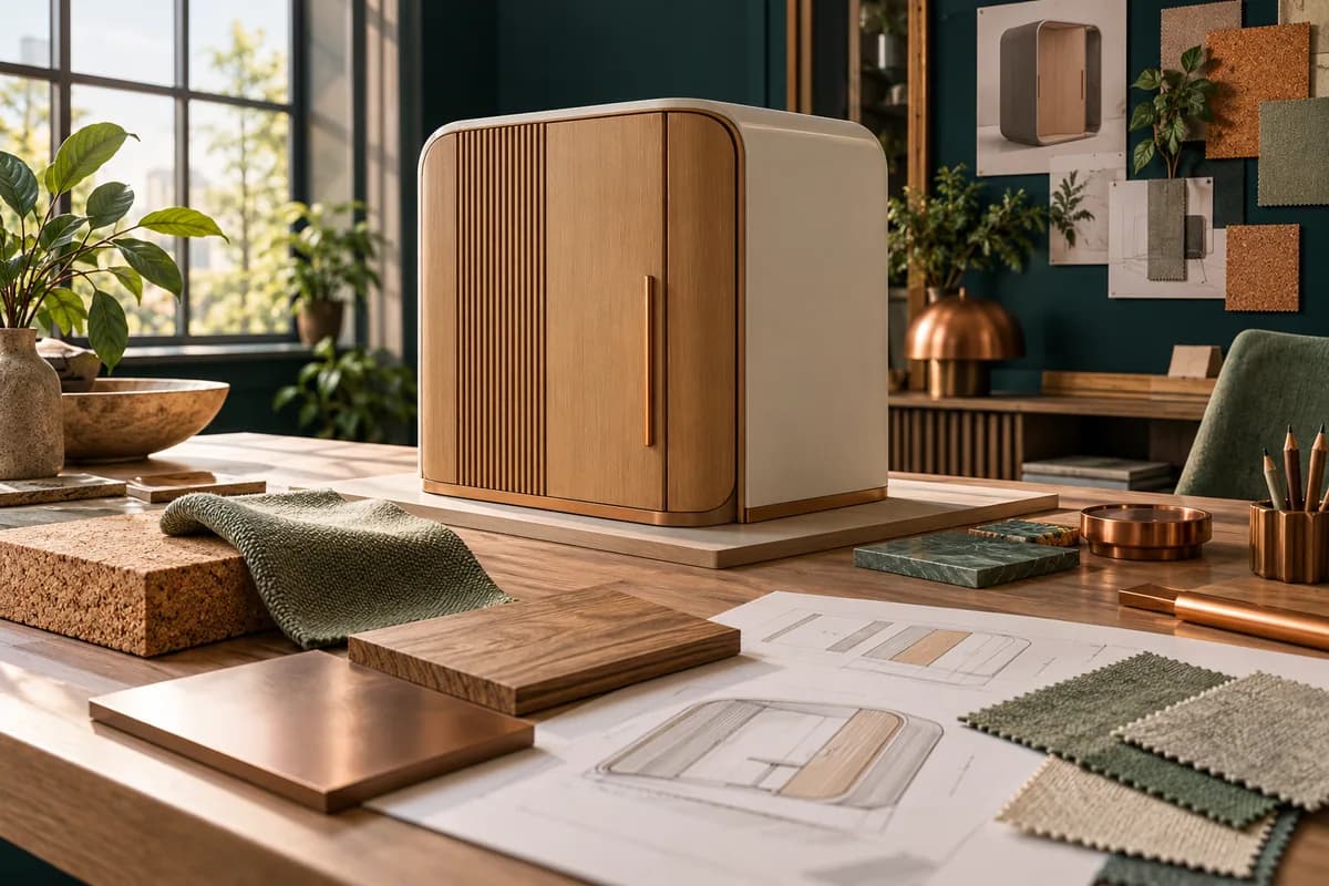 A nursing-pod scale model with cork, wood and fabric finish samples.