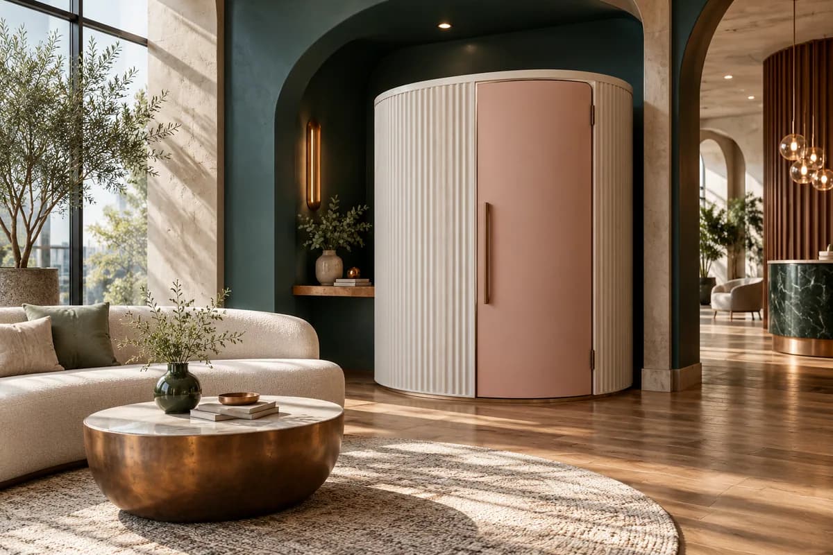 Une cabine d’allaitement sur mesure intégrée à une alcôve architecturale.