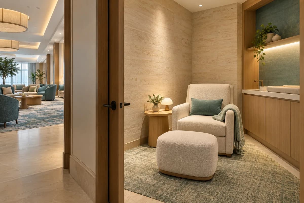 Nursing spaces for hotels & hospitality: a private nursing space in a commercial interior.