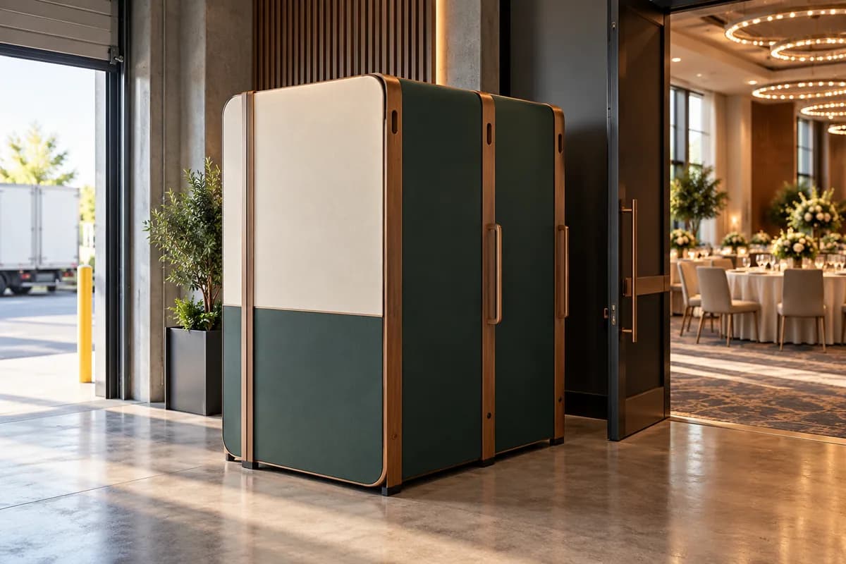 Une cabine d’allaitement mobile près d’une aire de préparation événementielle.