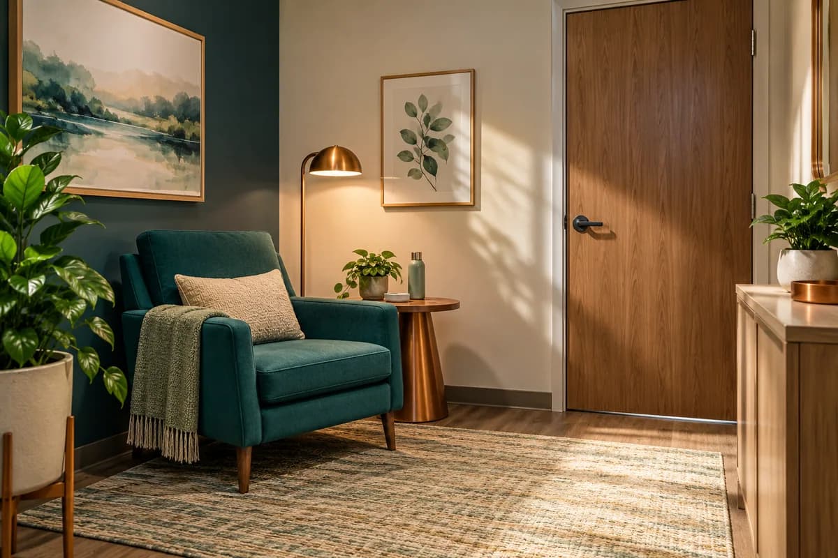 A dedicated workplace lactation room with a comfortable chair and side table.
